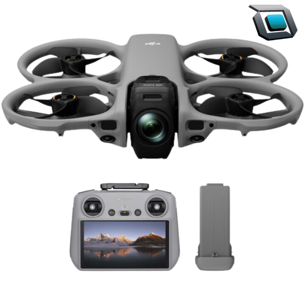 Drone DJI Avata 360 con control remoto DJI RC 2, diseñado para capturar imágenes aéreas en 360 grados y ofrecer una experiencia de vuelo inmersiva.