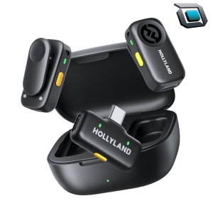 Micrófonos inalámbricos Hollyland Lark A2 Duo con 2 transmisores, receptor USB-C y caja de carga.