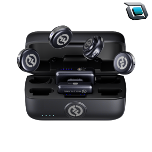 Micrófonos inalámbricos Hollyland Lark M3 Combo con 4 transmisores, receptor USB-C y cámara y caja de carga.