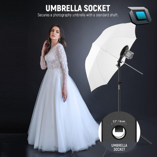 Adaptador con soporte para paraguas fotográfico, ideal para controlar la luz en estudios.